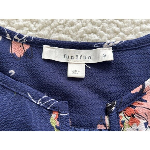 Fun2Fun Navy Blue Floral Boho Kenmore Split Neck Stretch Blouse Size S - Picture 6 of 9